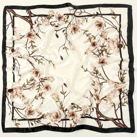 XMAS SALE Beige Magnolia Flower Satin Scarf - Picture 3 of 5